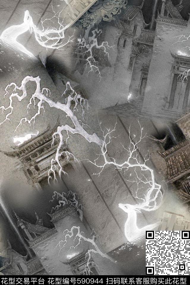 抽象建筑鹿角数码印花华亿平台下载（图片编号: 590944） - 瓦栏（Walan）