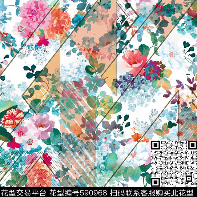 几何绣球花薰衣草数码印花华亿平台下载（图片编号: 590968） - 瓦栏（Walan）