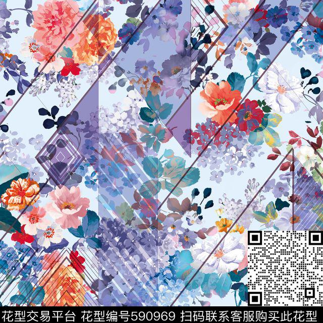 几何绣球花薰衣草数码印花华亿平台下载（图片编号: 590969） - 瓦栏（Walan）