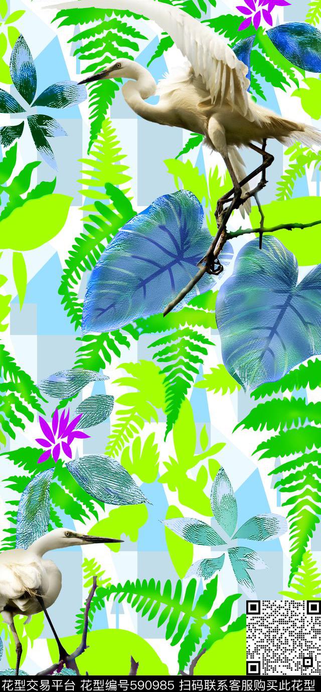 仙鹤花朵树叶数码印花华亿平台下载（图片编号: 590985） - 瓦栏（Walan）
