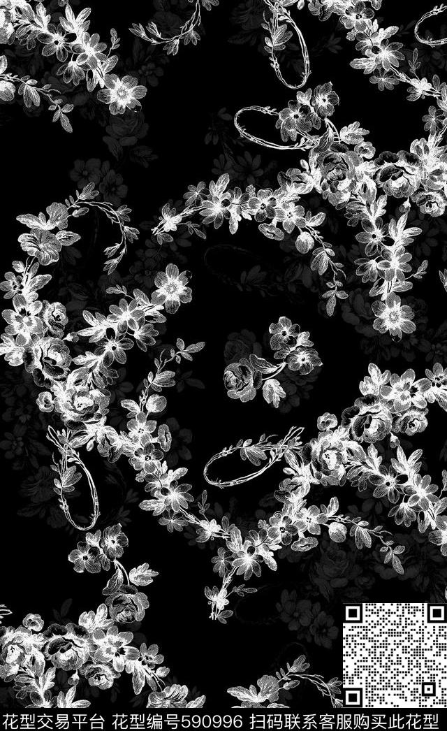 抽象时尚花卉线描花朵复古花卉数码印花华亿平台下载（图片编号: 590996） - 瓦栏（Walan）