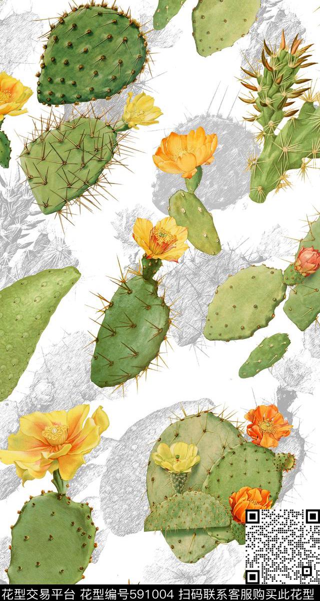 清新花卉仙人掌数码印花华亿平台下载（图片编号: 591004） - 瓦栏（Walan）