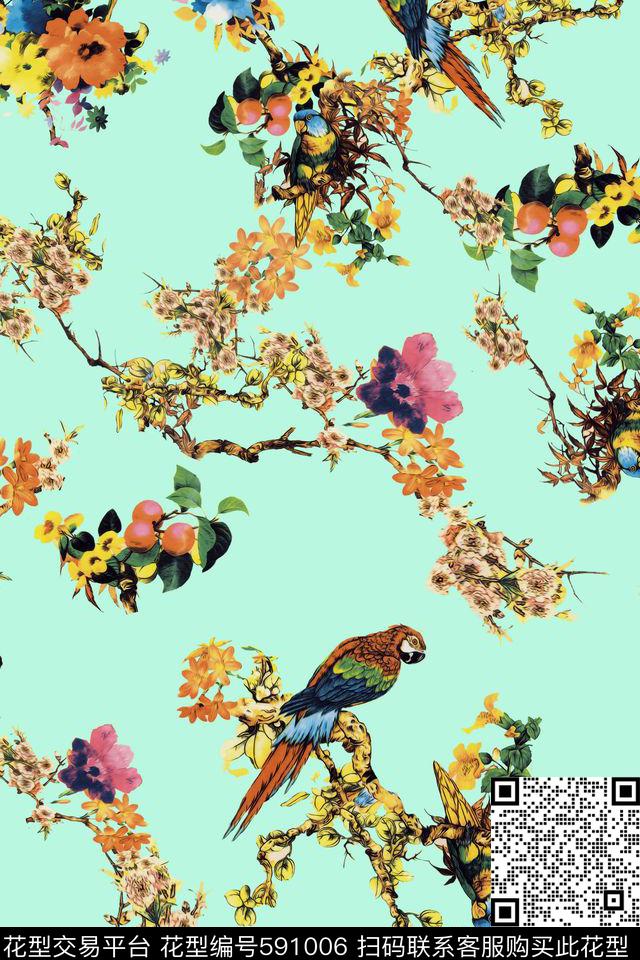 复古花鸟花卉数码印花华亿平台下载（图片编号: 591006） - 瓦栏（Walan）