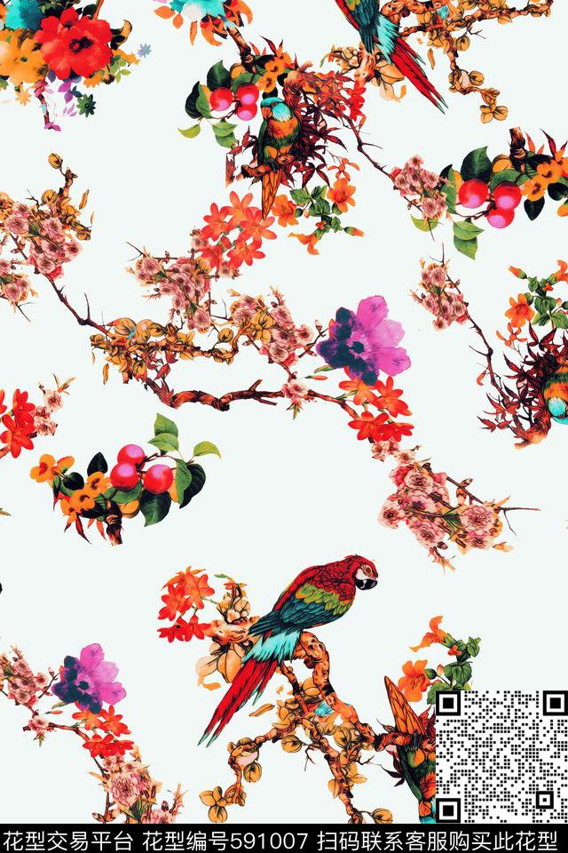 复古花鸟花卉数码印花华亿平台下载（图片编号: 591007） - 瓦栏（Walan）