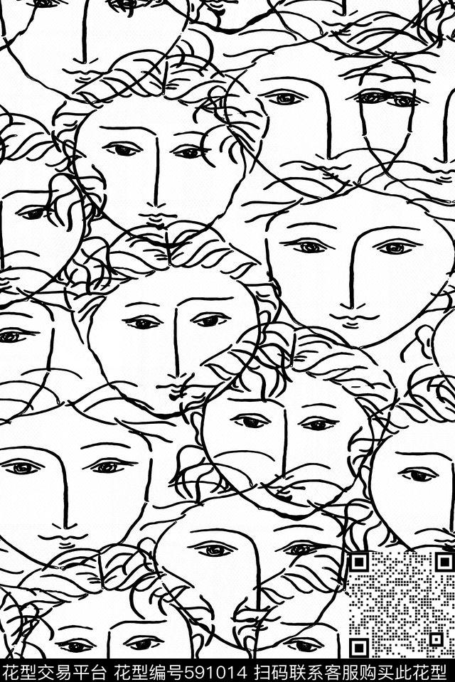 线描人脸黑白传统印花华亿平台下载（图片编号: 591014） - 瓦栏（Walan）