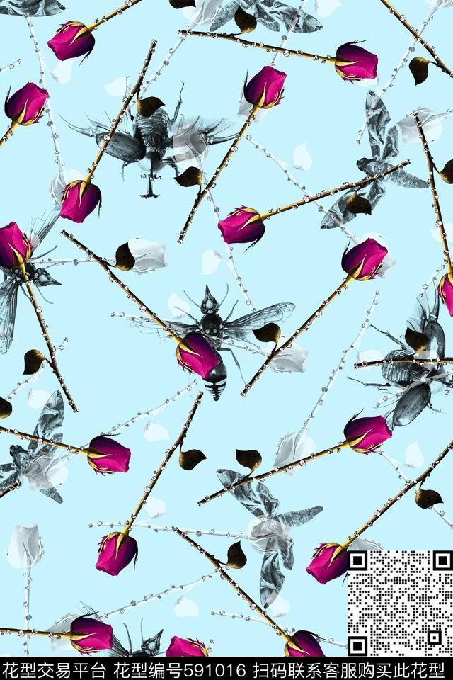 蜜蜂蝴蝶甲壳虫昆虫玫瑰花数码印花华亿平台下载（图片编号: 591016） - 瓦栏（Walan）