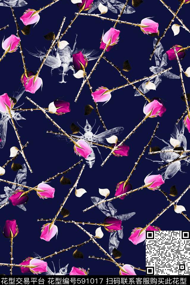 蜜蜂蝴蝶甲壳虫昆虫玫瑰花数码印花华亿平台下载（图片编号: 591017） - 瓦栏（Walan）