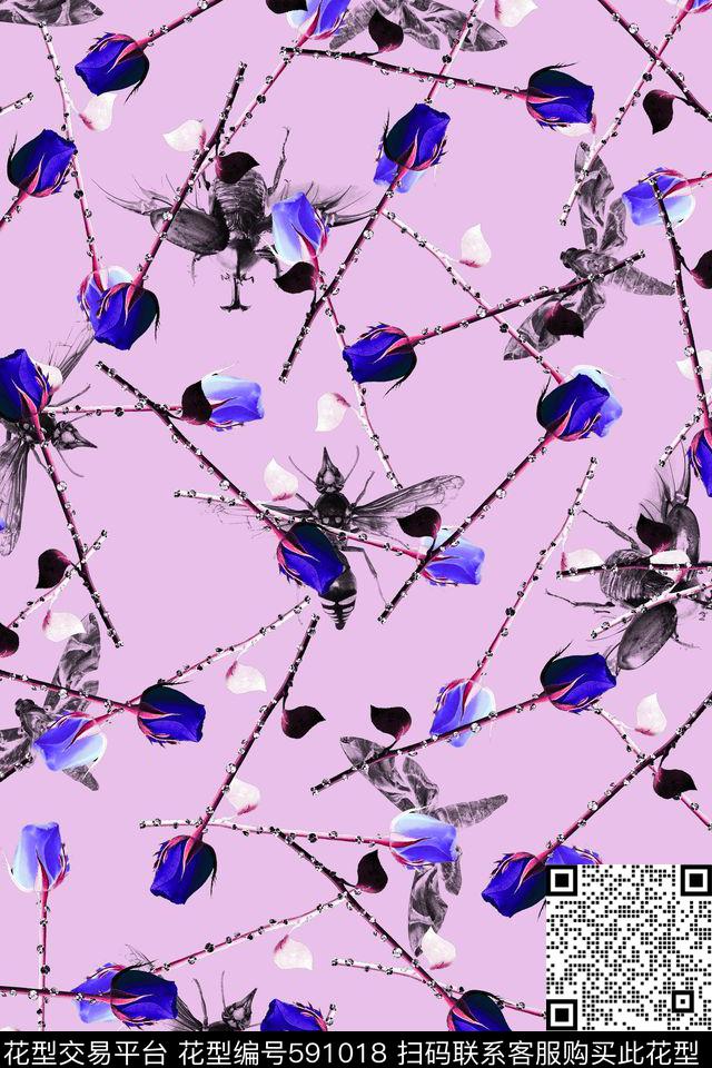 蜜蜂蝴蝶甲壳虫昆虫玫瑰花数码印花华亿平台下载（图片编号: 591018） - 瓦栏（Walan）