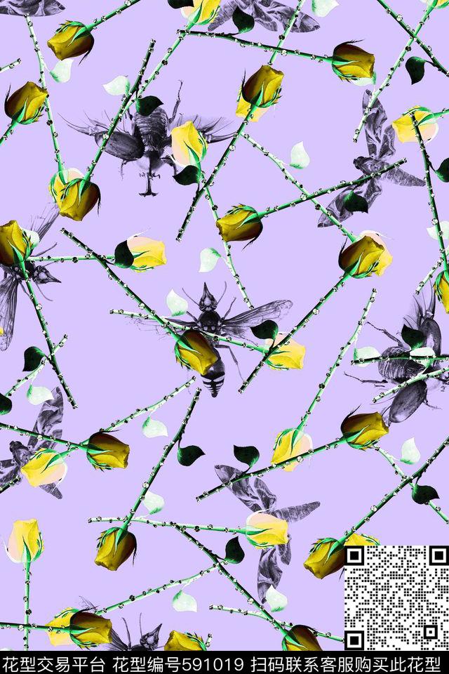蜜蜂蝴蝶甲壳虫昆虫玫瑰花数码印花华亿平台下载（图片编号: 591019） - 瓦栏（Walan）