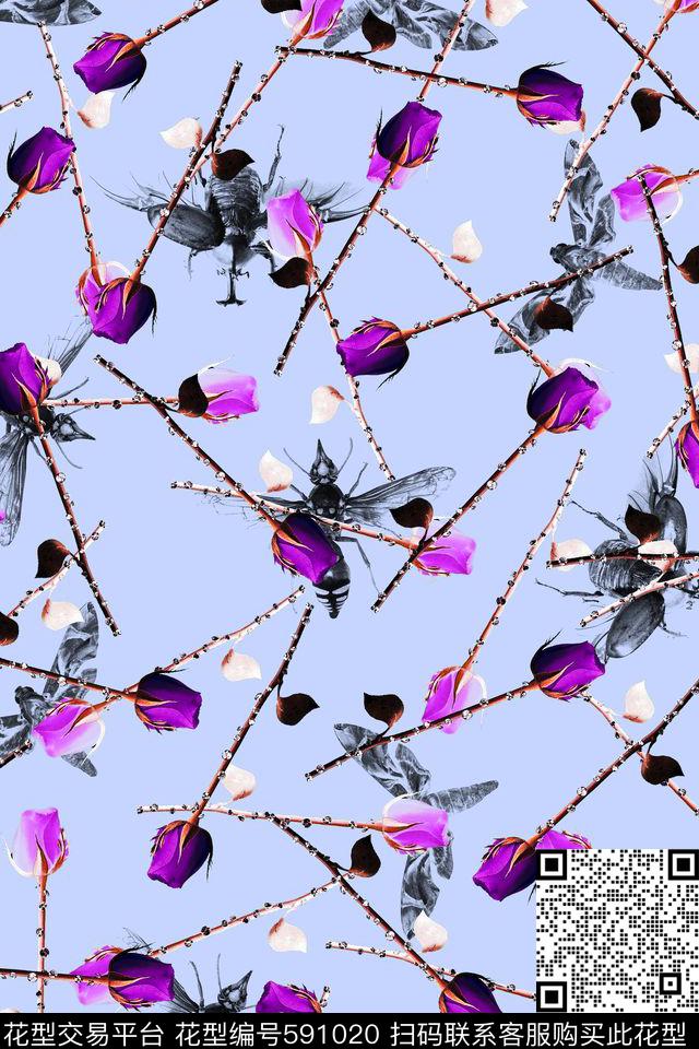 蜜蜂蝴蝶甲壳虫昆虫玫瑰花数码印花华亿平台下载（图片编号: 591020） - 瓦栏（Walan）