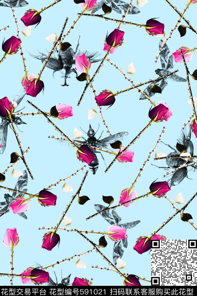 蜜蜂蝴蝶甲壳虫昆虫玫瑰花数码印花华亿平台下载（图片编号: 591021） - 瓦栏（Walan）