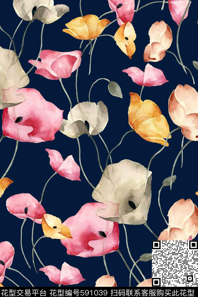 花卉手绘浪漫花卉数码印花华亿平台下载（图片编号: 591039） - 瓦栏（Walan）