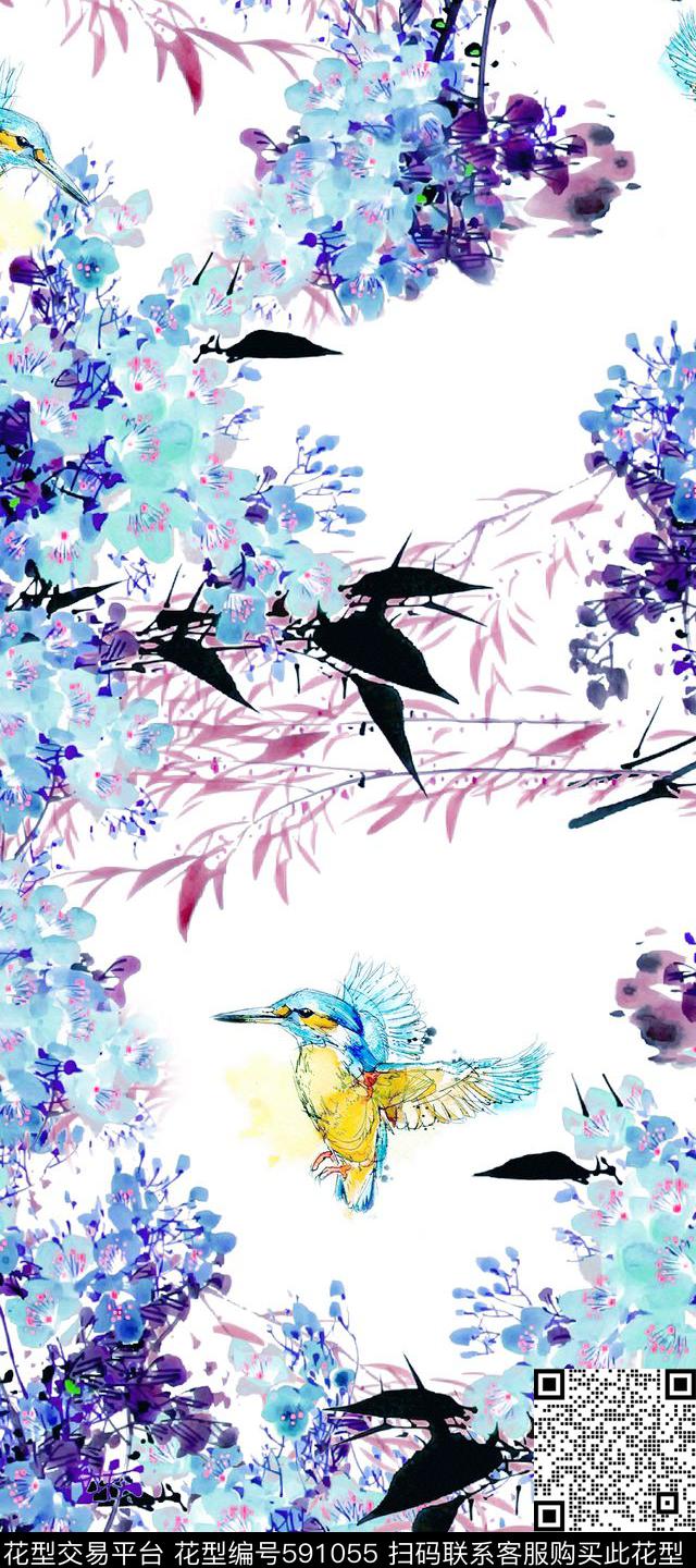 水彩花鸟女装数码印花华亿平台下载（图片编号: 591055） - 瓦栏（Walan）