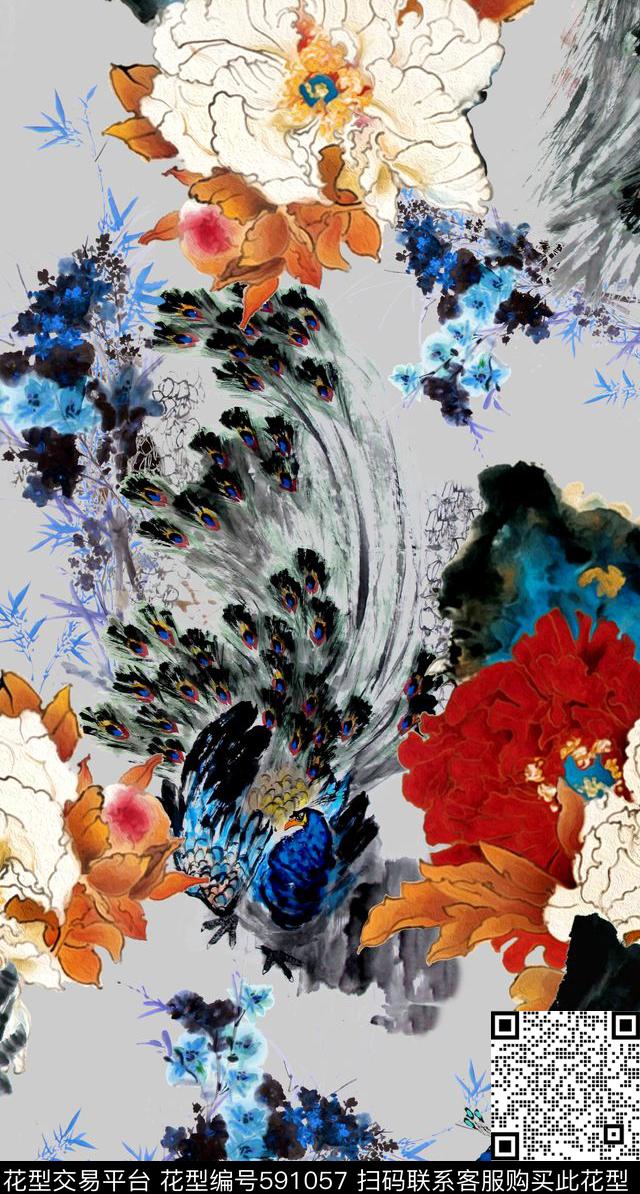 水墨画牡丹花孔雀数码印花华亿平台下载（图片编号: 591057） - 瓦栏（Walan）