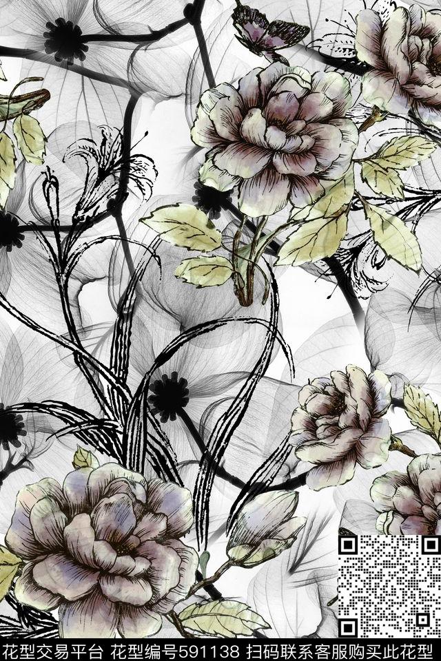 黑白线条素色花卉连衣裙雪纺数码印花华亿平台下载（图片编号: 591138） - 瓦栏（Walan）