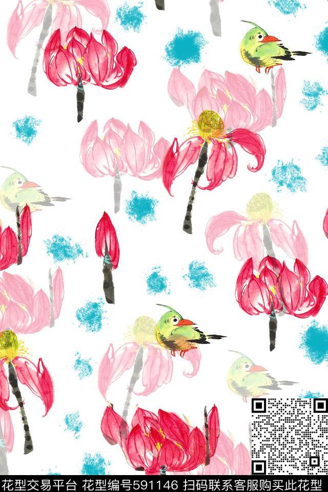 水墨荷花手绘数码印花华亿平台下载（图片编号: 591146） - 瓦栏（Walan）