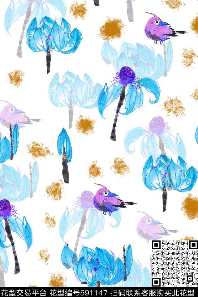水墨荷花手绘数码印花华亿平台下载（图片编号: 591147） - 瓦栏（Walan）