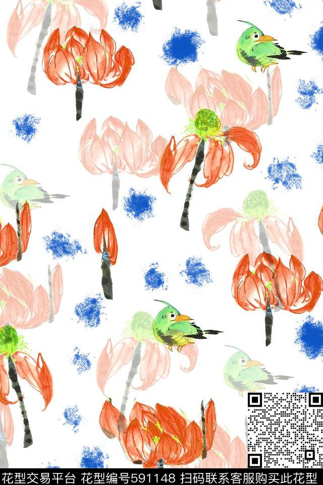 水墨荷花手绘数码印花华亿平台下载（图片编号: 591148） - 瓦栏（Walan）
