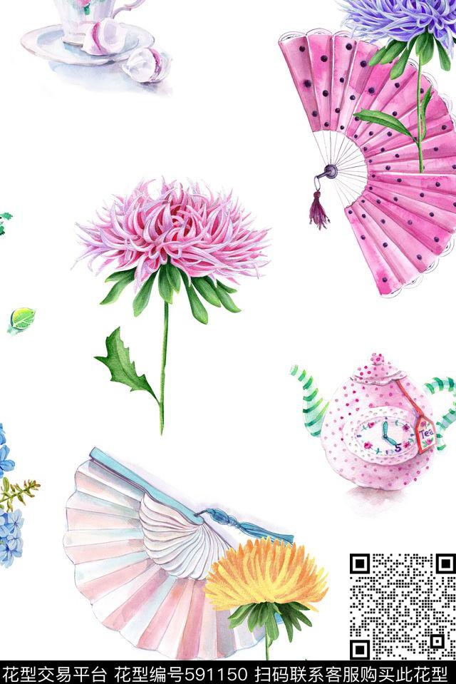 花卉扇子冰激凌数码印花华亿平台下载（图片编号: 591150） - 瓦栏（Walan）