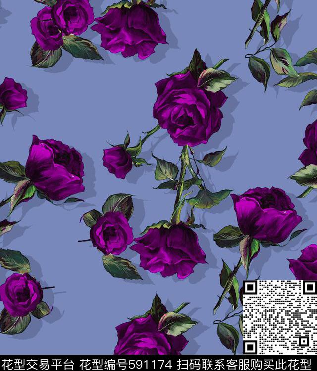 大气时尚玫瑰花女装数码印花华亿平台下载（图片编号: 591174） - 瓦栏（Walan）