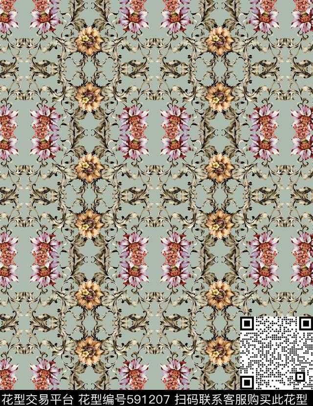手绘定位花卉数码印花华亿平台下载（图片编号: 591207） - 瓦栏（Walan）