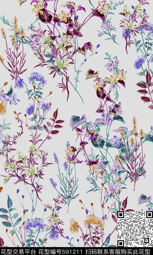 手绘小花定位。泳装。满版数码印花华亿平台下载（图片编号: 591211） - 瓦栏（Walan）