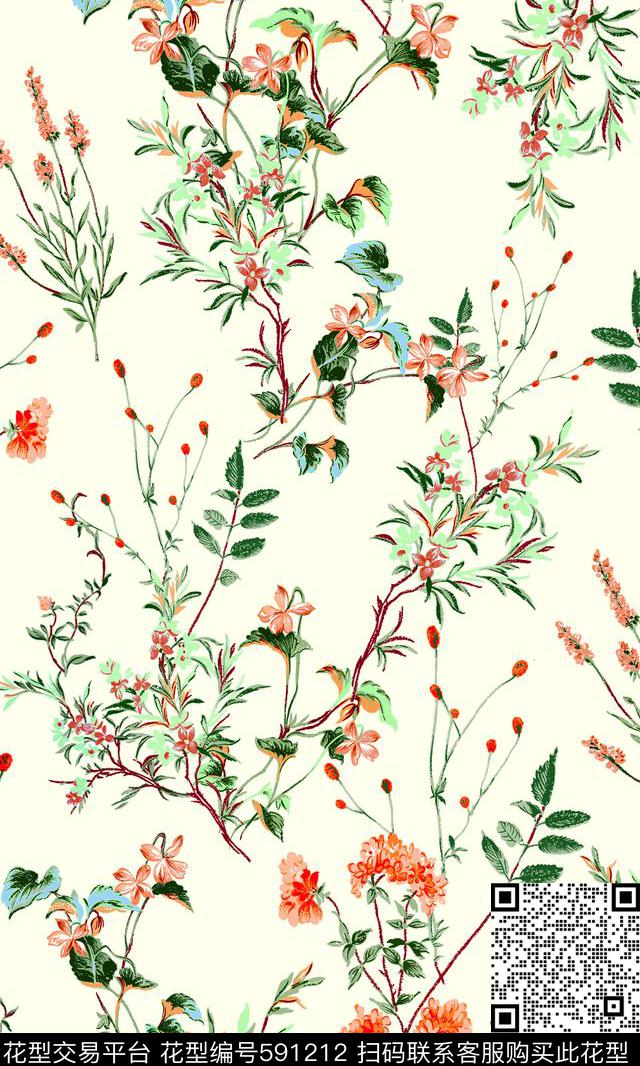 手绘小花定位。泳装。满版数码印花华亿平台下载（图片编号: 591212） - 瓦栏（Walan）