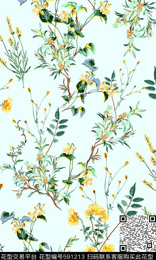手绘小花定位。泳装。满版数码印花华亿平台下载（图片编号: 591213） - 瓦栏（Walan）