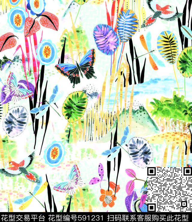 抽象花卉抽象几何热带小鸟花数码印花华亿平台下载（图片编号: 591231） - 瓦栏（Walan）