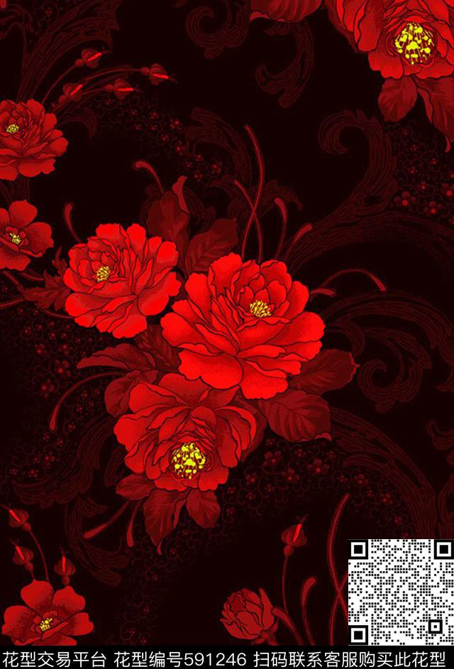 中国风花卉数码印花华亿平台下载（图片编号: 591246） - 瓦栏（Walan）