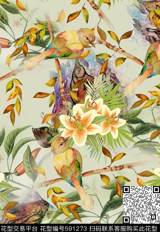 鸟、昆虫花鸟舞蝶数码印花华亿平台下载（图片编号: 591273） - 瓦栏（Walan）