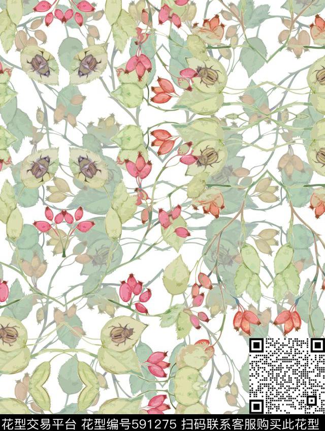 手绘花底昆虫数码印花华亿平台下载（图片编号: 591275） - 瓦栏（Walan）