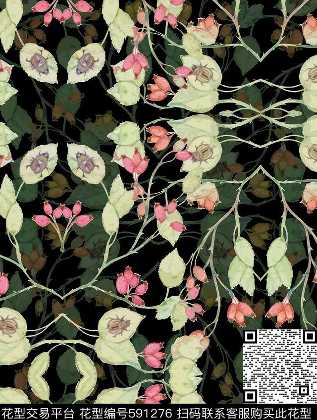 手绘花底昆虫数码印花华亿平台下载（图片编号: 591276） - 瓦栏（Walan）