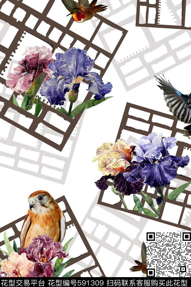 时尚方框花数码印花华亿平台下载（图片编号: 591309） - 瓦栏（Walan）