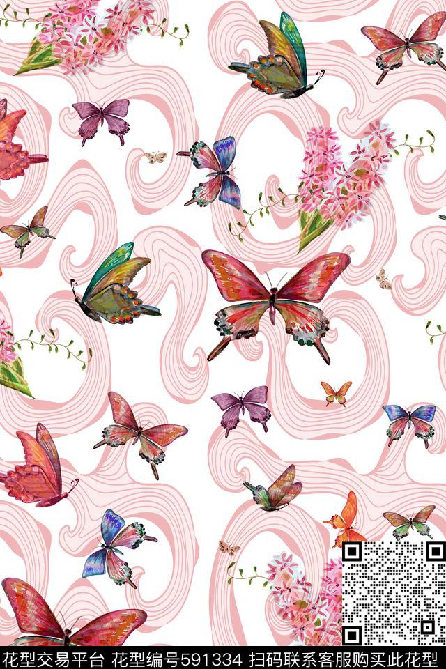 清新时尚花卉蝴蝶数码印花华亿平台下载（图片编号: 591334） - 瓦栏（Walan）