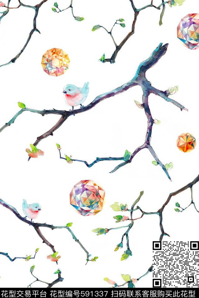 鸟树枝钻石数码印花华亿平台下载（图片编号: 591337） - 瓦栏（Walan）