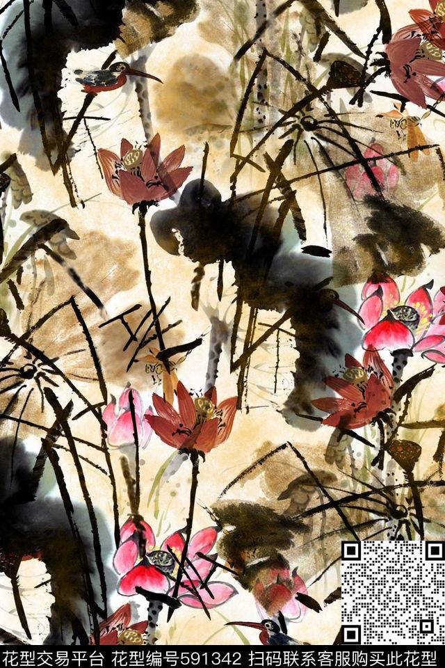 手绘荷花水墨数码印花华亿平台下载（图片编号: 591342） - 瓦栏（Walan）