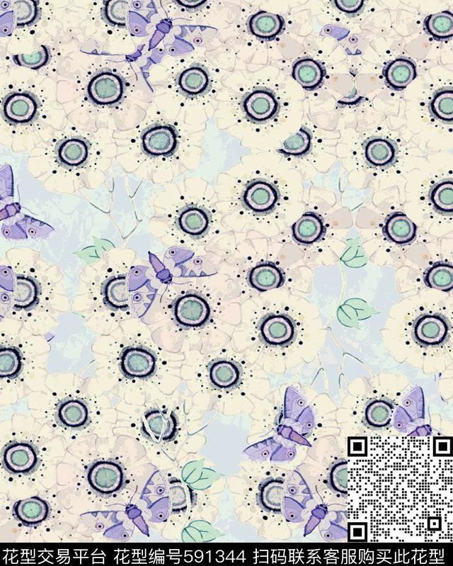 手绘蝴蝶小花数码印花华亿平台下载（图片编号: 591344） - 瓦栏（Walan）