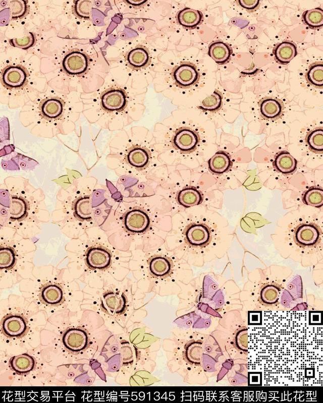 手绘蝴蝶小花数码印花华亿平台下载（图片编号: 591345） - 瓦栏（Walan）