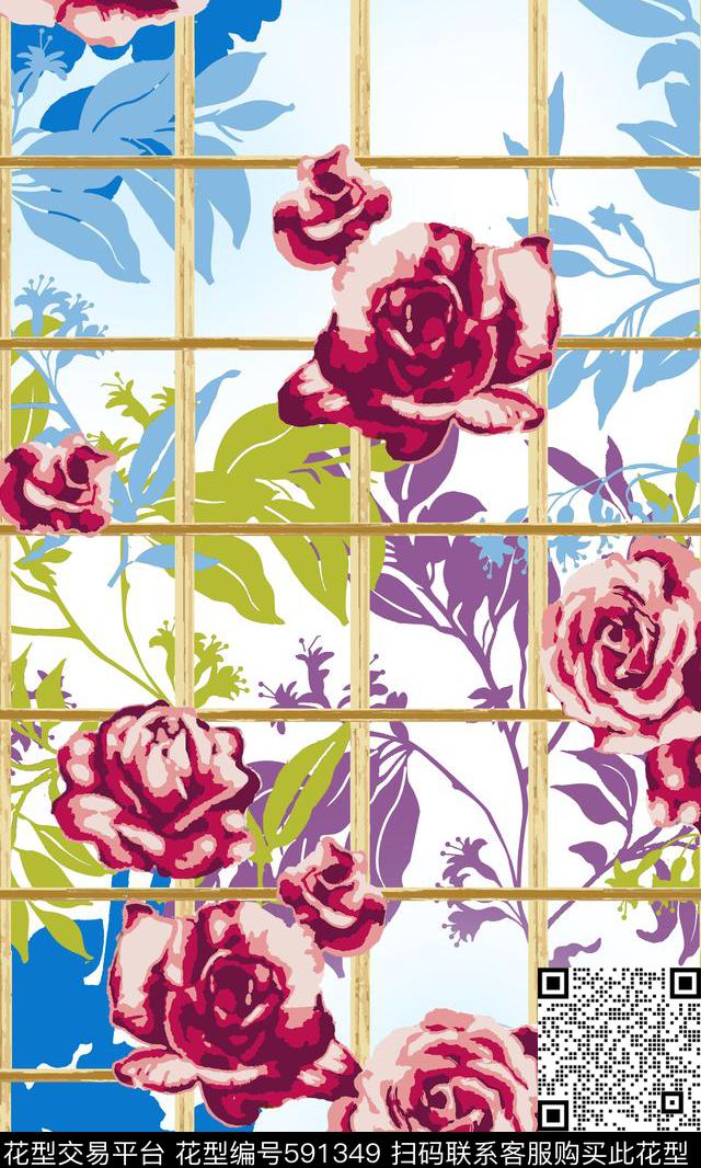 方格手绘花卉。中老年数码印花华亿平台下载（图片编号: 591349） - 瓦栏（Walan）