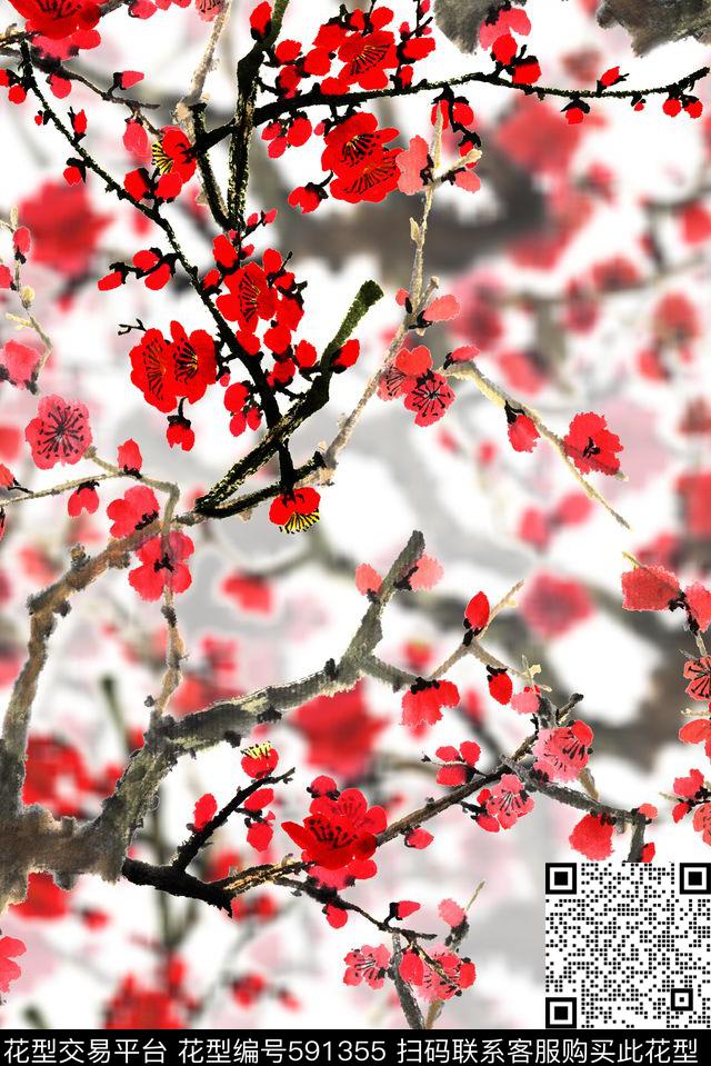 花卉梅花中国风数码印花华亿平台下载（图片编号: 591355） - 瓦栏（Walan）