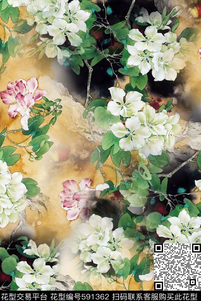 中国风手绘花朵庄重大气数码印花华亿平台下载（图片编号: 591362） - 瓦栏（Walan）