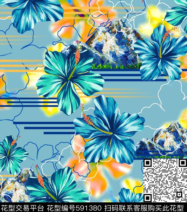 热带花卉手绘花卉几何花卉数码印花华亿平台下载（图片编号: 591380） - 瓦栏（Walan）