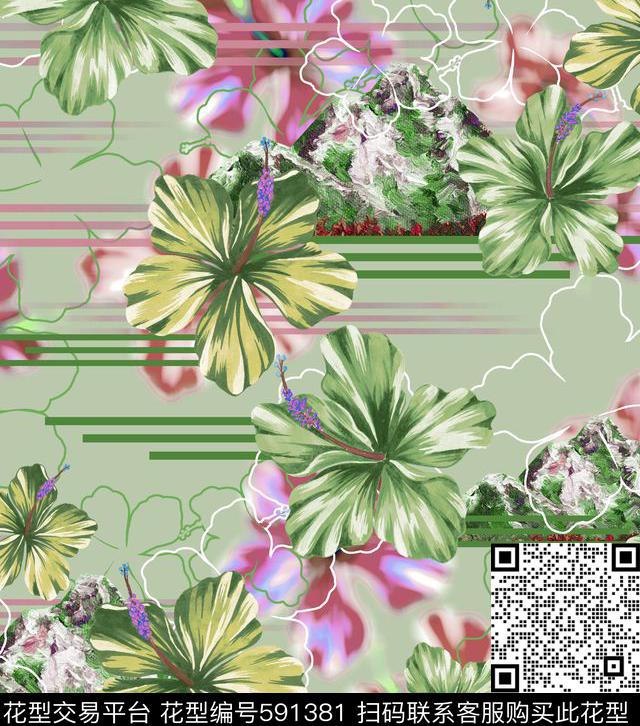 热带花卉手绘花卉几何花卉数码印花华亿平台下载（图片编号: 591381） - 瓦栏（Walan）