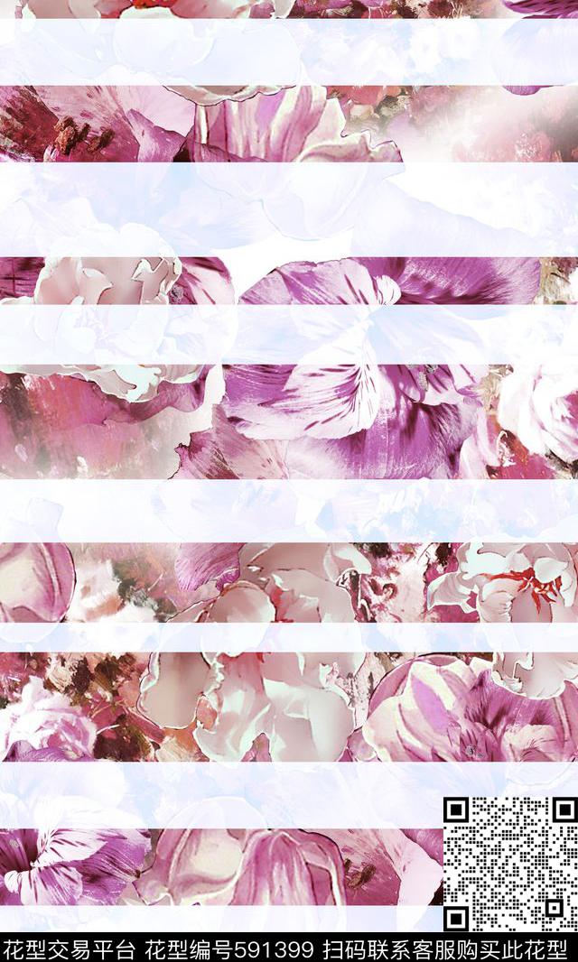 条纹手绘花卉、中老年数码印花华亿平台下载（图片编号: 591399） - 瓦栏（Walan）