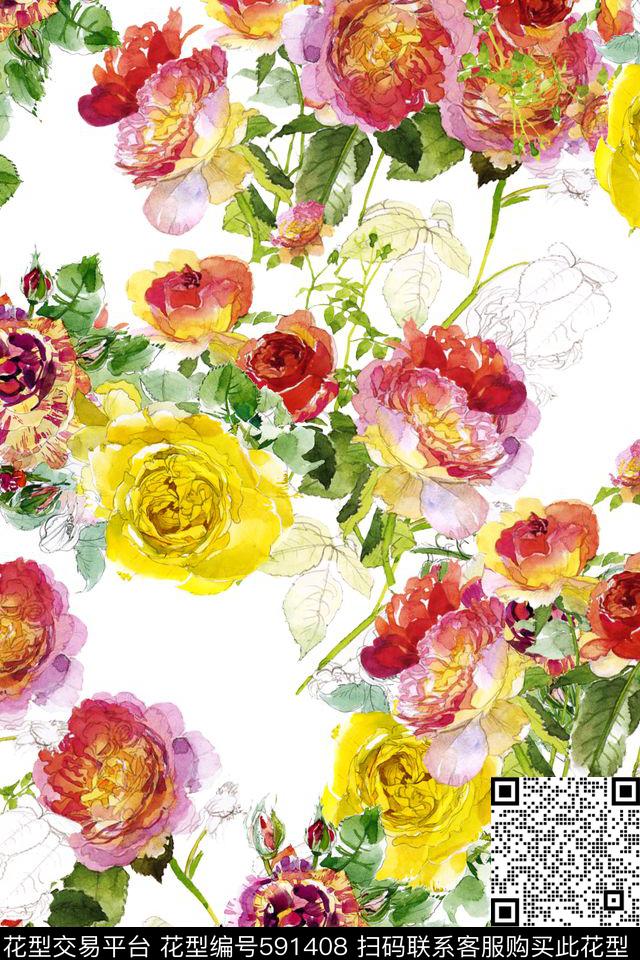 手绘水彩花卉数码印花华亿平台下载（图片编号: 591408） - 瓦栏（Walan）