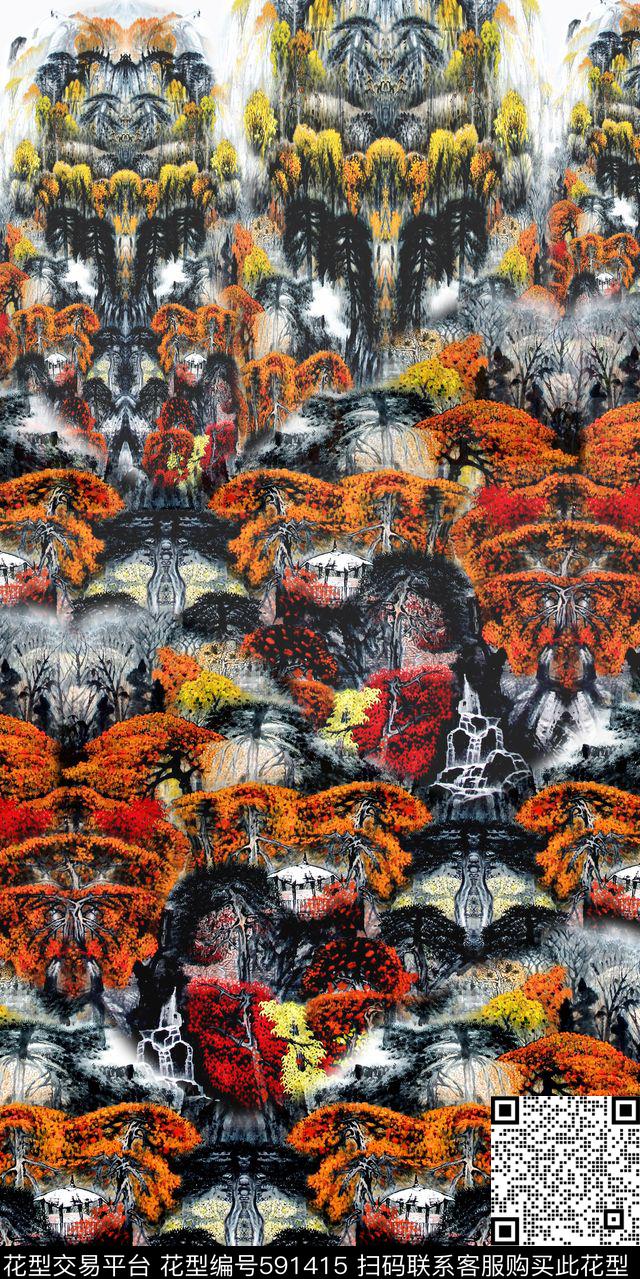 中国风定位风景印花水墨秋山女装定位风景印花秋山红杉树女装流行时尚数码印花华亿平台下载（图片编号: 591415） - 瓦栏（Walan）