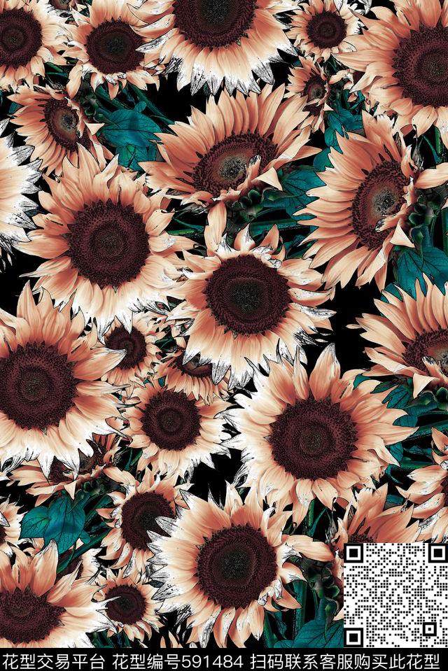 花朵花卉向日葵数码印花华亿平台下载（图片编号: 591484） - 瓦栏（Walan）