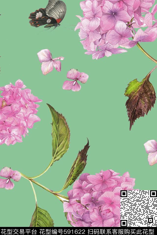 花卉绣球花蝴蝶数码印花华亿平台下载（图片编号: 591622） - 瓦栏（Walan）