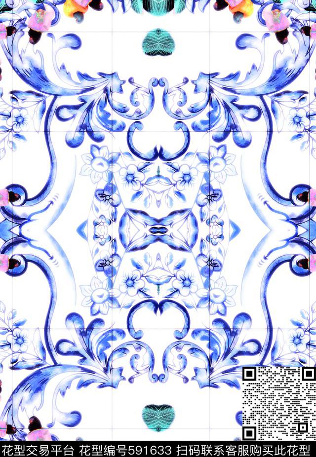 复古花卉几何数码印花华亿平台下载（图片编号: 591633） - 瓦栏（Walan）